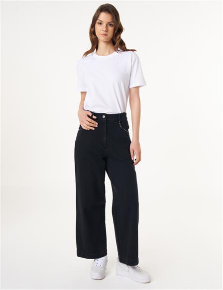 Yüksek Bel Marine Fit Denim Pantolon Siyah