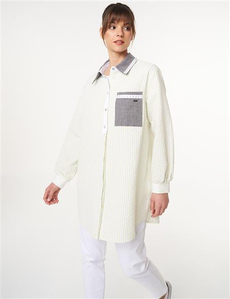 Denim Garnili Çizgi Desen Tunik Fıstık Yeşili