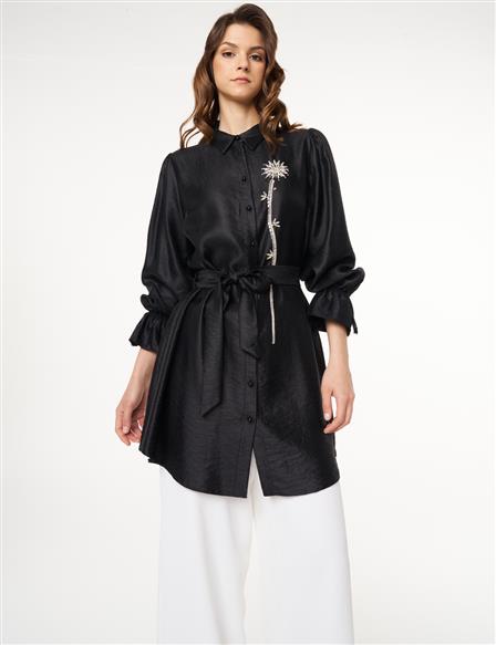 Stone Embroidered Belted Satin Tunic Black