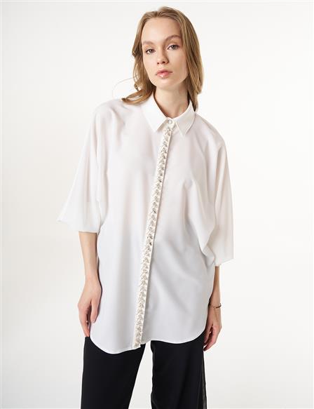 Placket Embroidered Shirt Collar Tunic Ecru