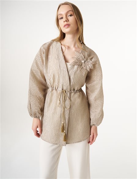 Floral Appliqué Jacquard Kimono Moss Green