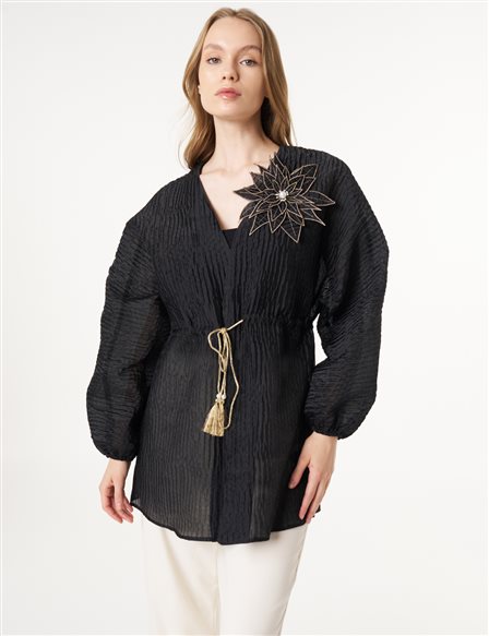 Floral Appliqué Jacquard Kimono Black