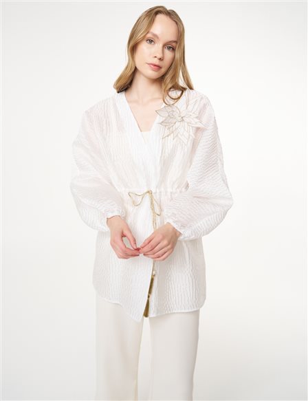 Floral Appliqué Jacquard Kimono Optic White 