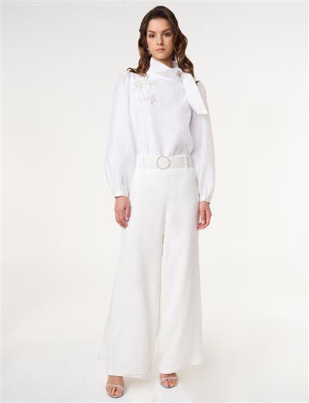 Crepe Pants with Metal Buckle Detail Optic White