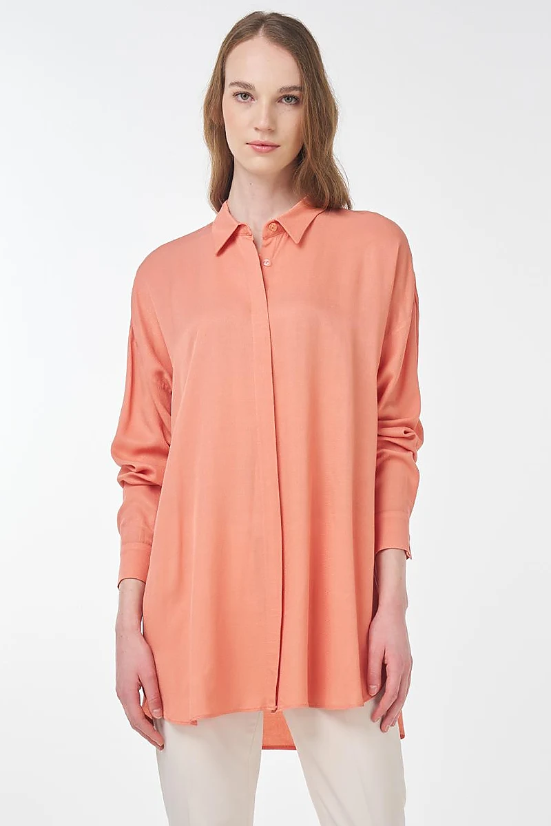 Hidden Button Shirt Collar Tunic Salmon