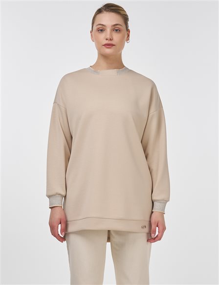 Ribanalı Sıfır Yaka Sweatshirt Açık Bej