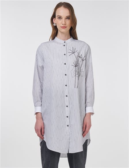 Striped Mandarin Collar Tunic Black 