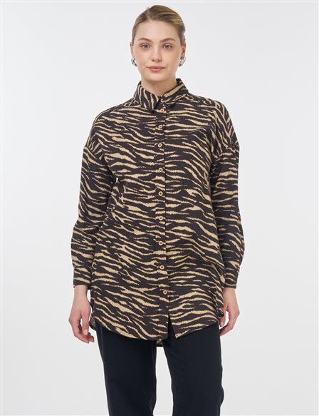 Zebra Pattern Shirt Collar Tunic Dark Brown