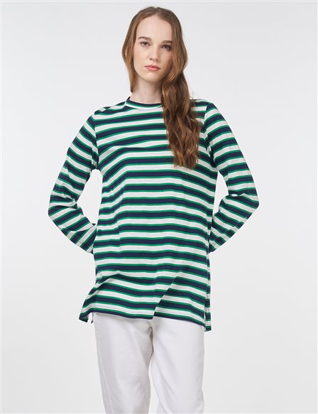 Çizgi Desen Sweatshirt Lacivert-Yeşil