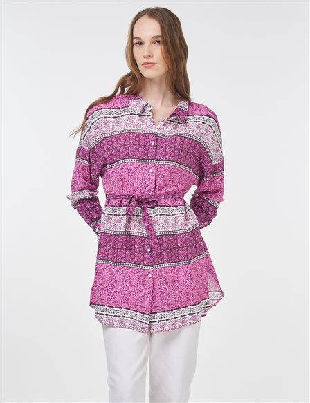 Floral Patterned Belted Viscose Tunic Sugar Pink