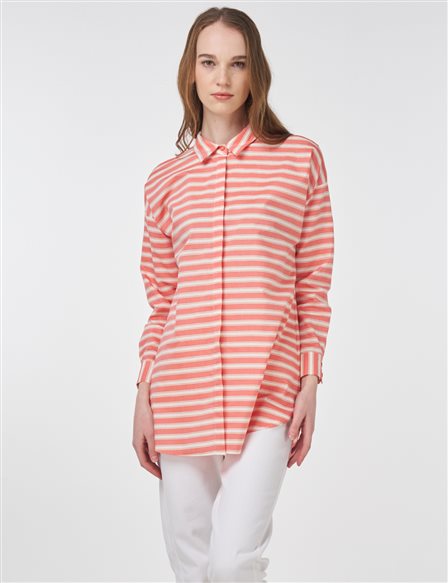 Çizgi Desen Pamuklu Basic Tunik Nar Çiçeği