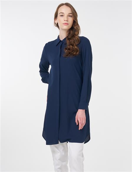 Concealed Placket Basic Tunic Navy Blue