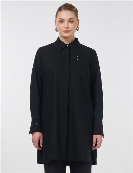 Embroidered Collar Appliqué Elegant Tunic Black