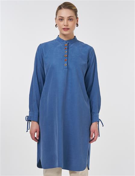 Embroidered Mandarin Collar Long Tunic Indigo