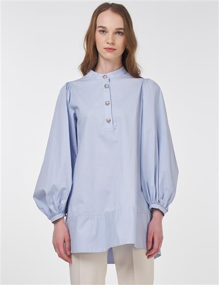 Shiny Buttoned Cotton Tunic Blue