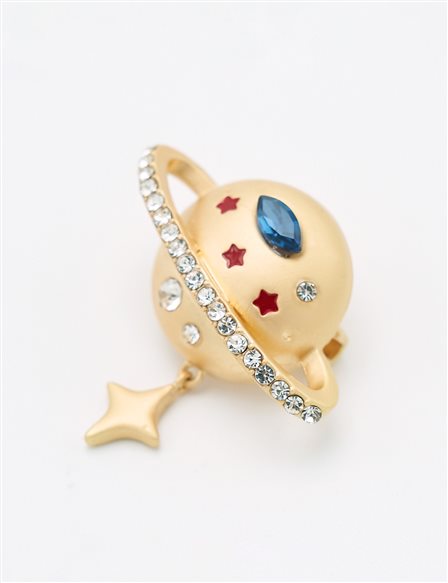 Stone-Embellished Planet Motif Brooch Gold