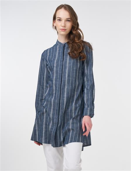 Striped Cotton Blend Basic Tunic Navy Blue