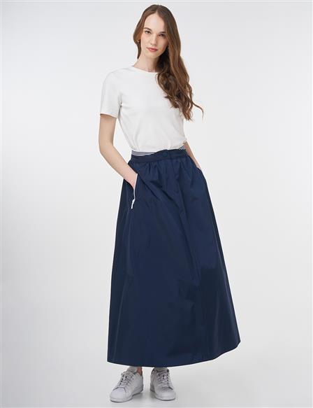 Elastic Waist Parachute Fabric Skirt Dark Navy Blue