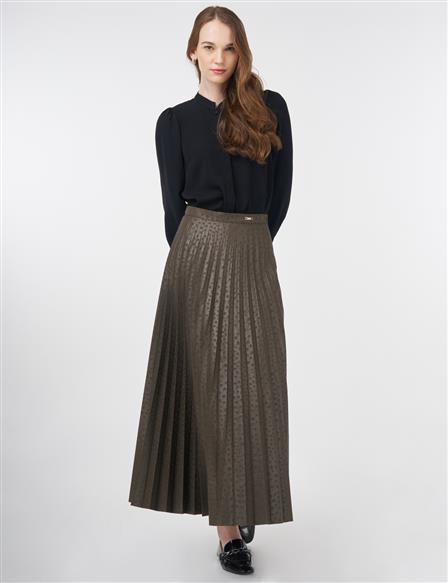 Polka Dot Patterned Pleated Skirt Khaki