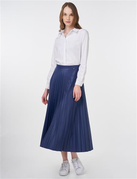 Elasticated Pleated Faux Leather Skirt Royal Blue