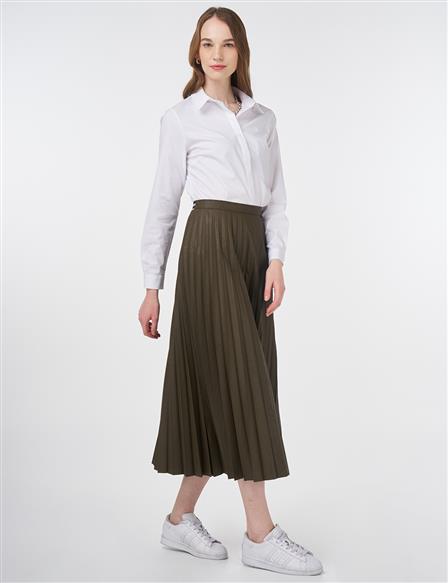 Elasticated Pleated Faux Leather Skirt Henna Color
