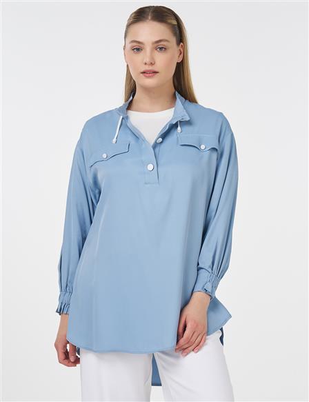 Flap Pocket Stand-Up Collar Tunic Sea Breeze