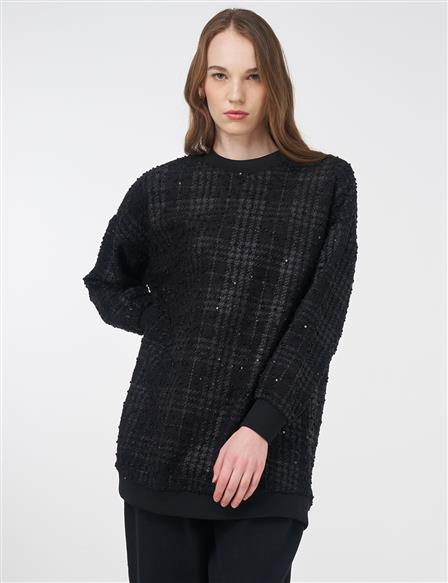 Ekose Desen Sweatshirt Siyah