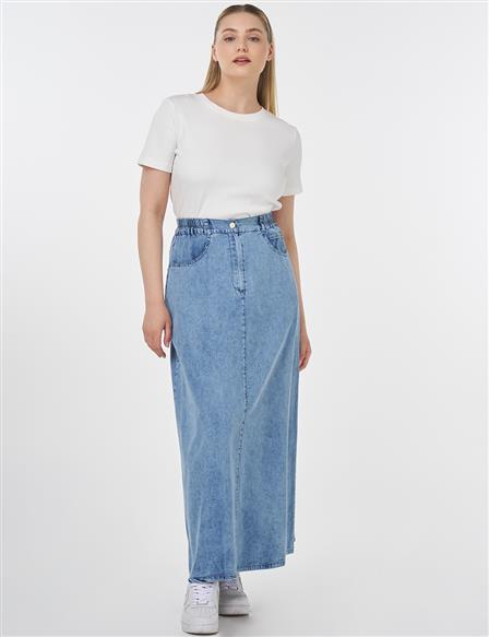 Elasticated Waist Buttoned A-Line Skirt in Towel Wash