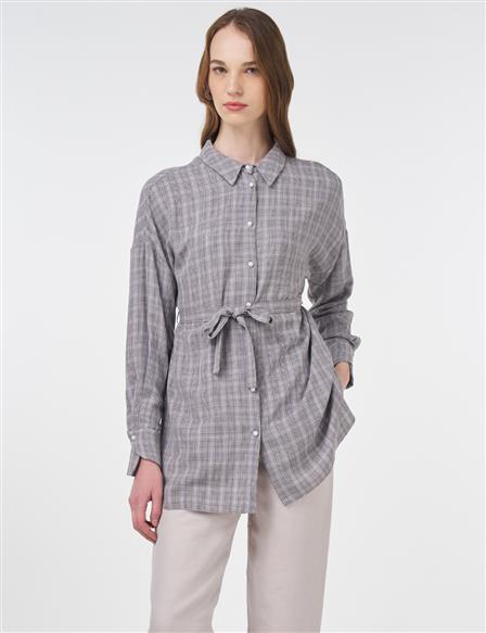 Belted Plaid Tunic Gray