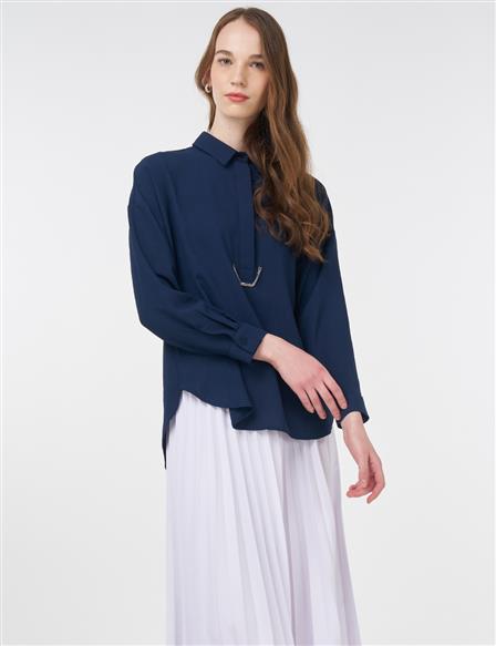 Hidden Placket Shirt Collar Basic Blouse Navy Blue