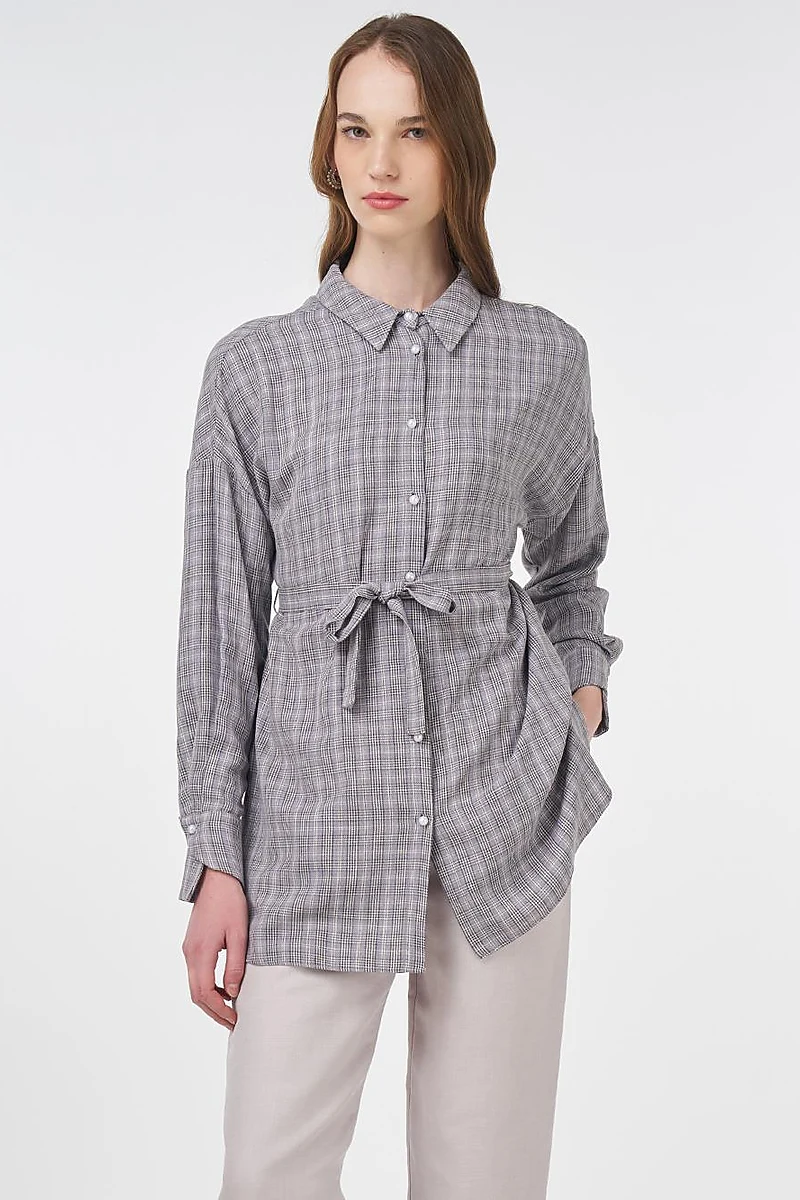 Belted Plaid Tunic Gray