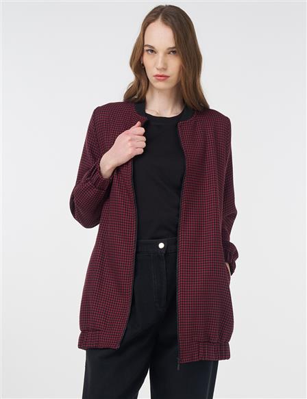 Houndstooth Pattern Basic Jacket Black-Burgundy