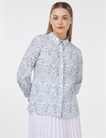 Floral Desen Viskon Bluz İndigo