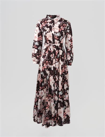 Floral Desen Kuşaklı Elbise Siyah 