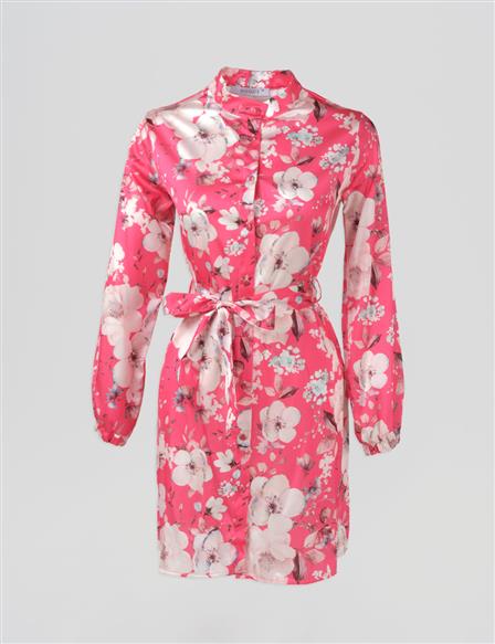 Floral Desen Kuşaklı Tunik Fuşya 
