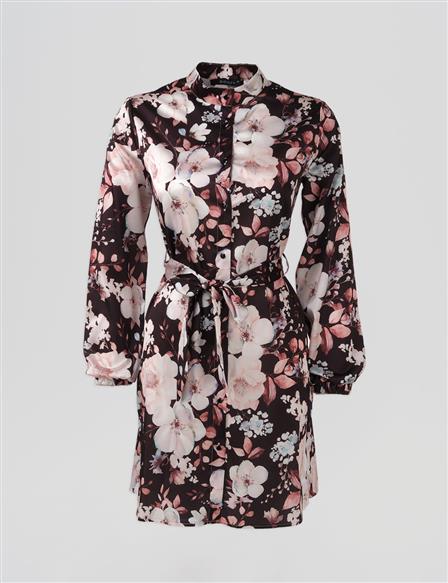 Floral Desen Kuşaklı Tunik Siyah 