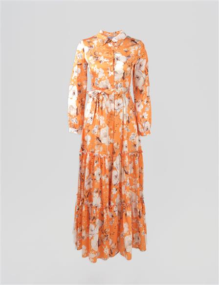 Floral Desen Kuşaklı Elbise Turuncu 
