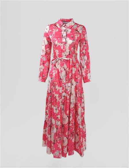 Floral Desen Kuşaklı Elbise Fuşya 