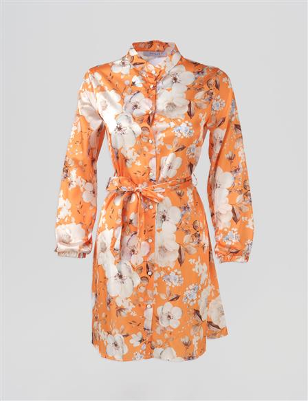 Floral Desen Kuşaklı Tunik Turuncu 