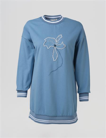 Çiçek Aplikeli İki İplik Sweatshirt Mavi