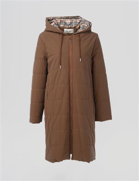 Çıt Çıt Detaylı Kapüşonlu Mont Camel 