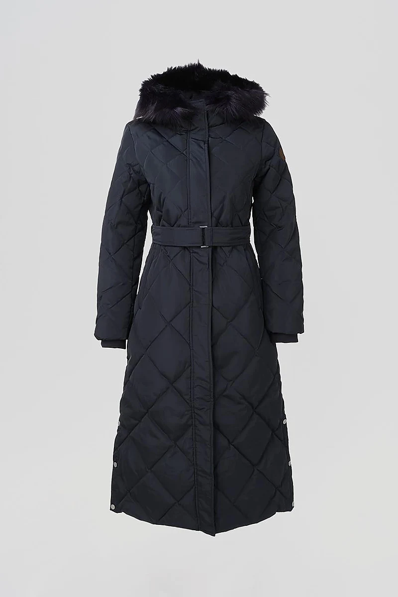 Diamond Patterned Faux Fur Goose Down Coat Navy Blue