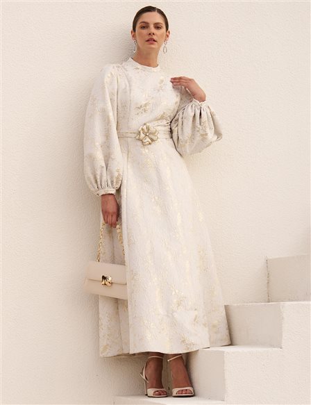 Balloon Sleeve Jacquard Elegant Dress Ecru
