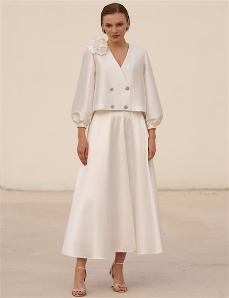 Rose-Detail Satin Two-Piece Set Ecru
