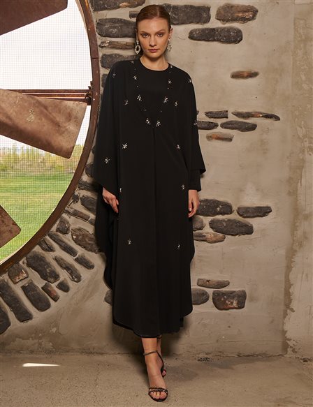 Stone-Embellished Abaya Set Black