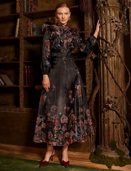 Floral Desen Organze Takım Siyah 