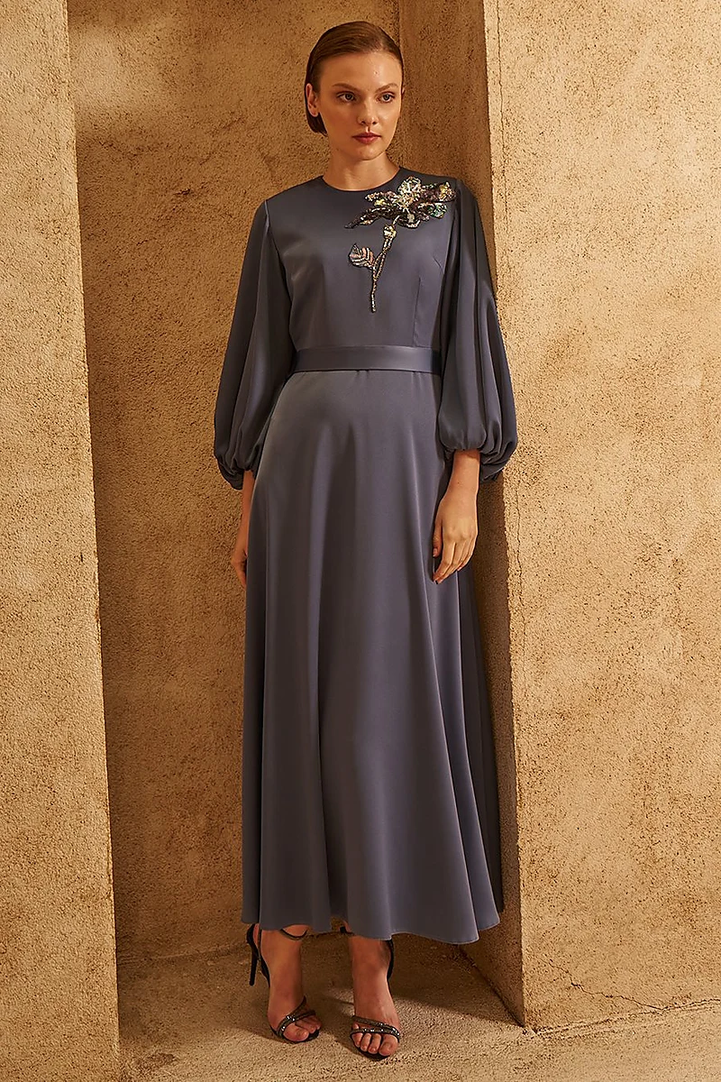 Sequin Embroidered Satin Dress Indigo