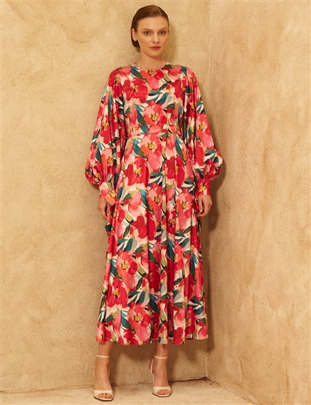 Floral Desen Saten Elbise Kırmızı