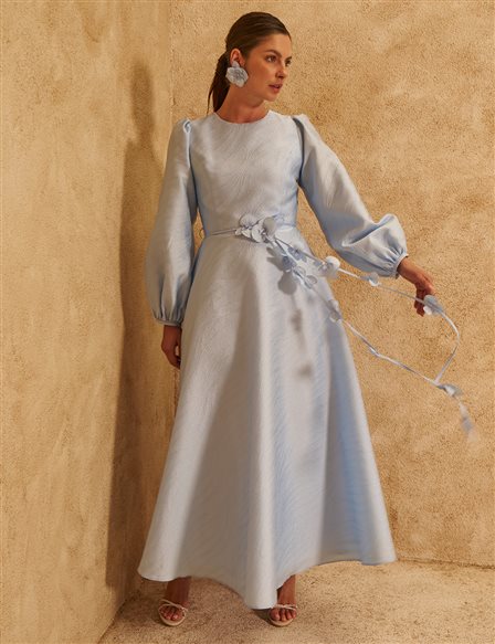 Floral Appliqué Taffeta Dress Blue 
