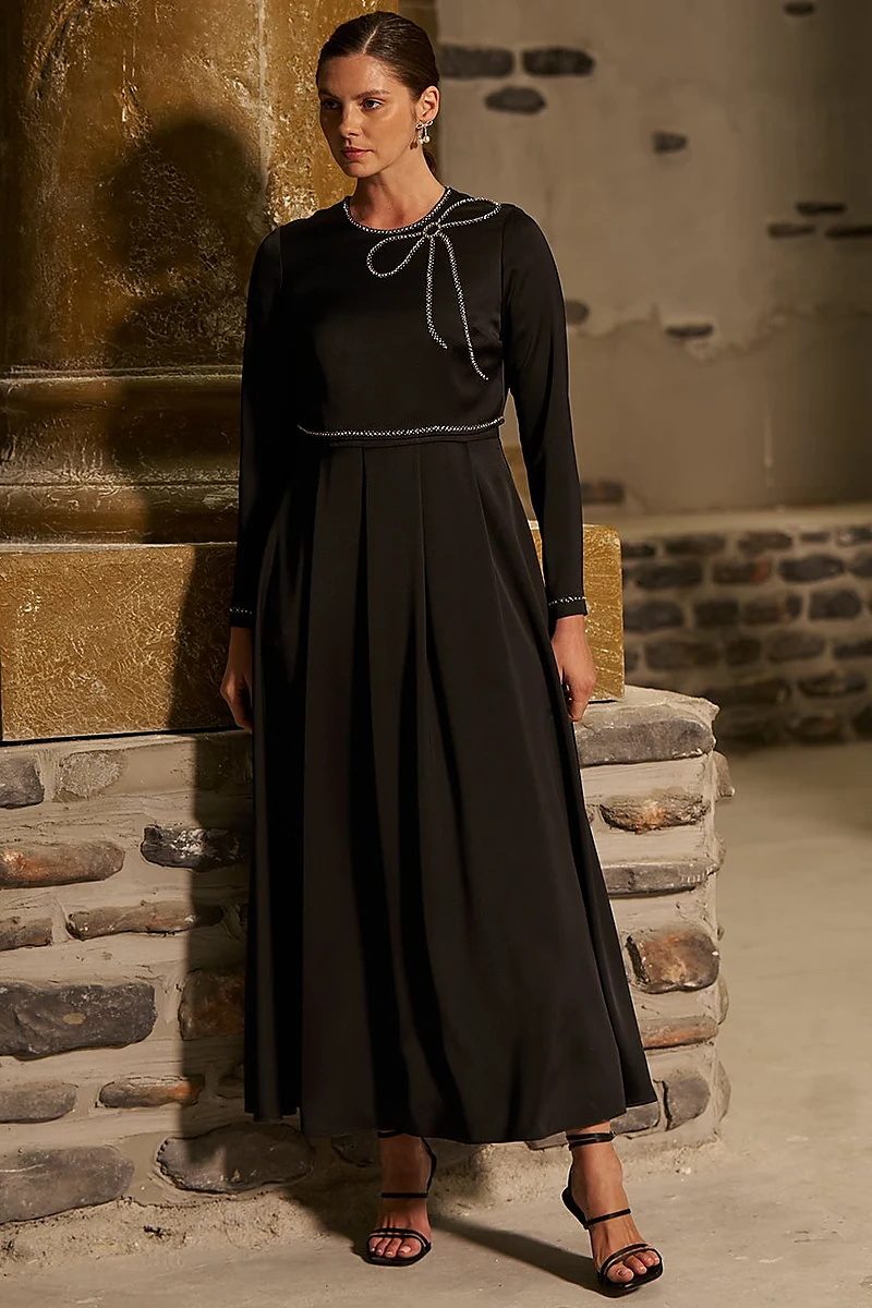 Ribbon-Embroidered Satin Elegant Dress Black